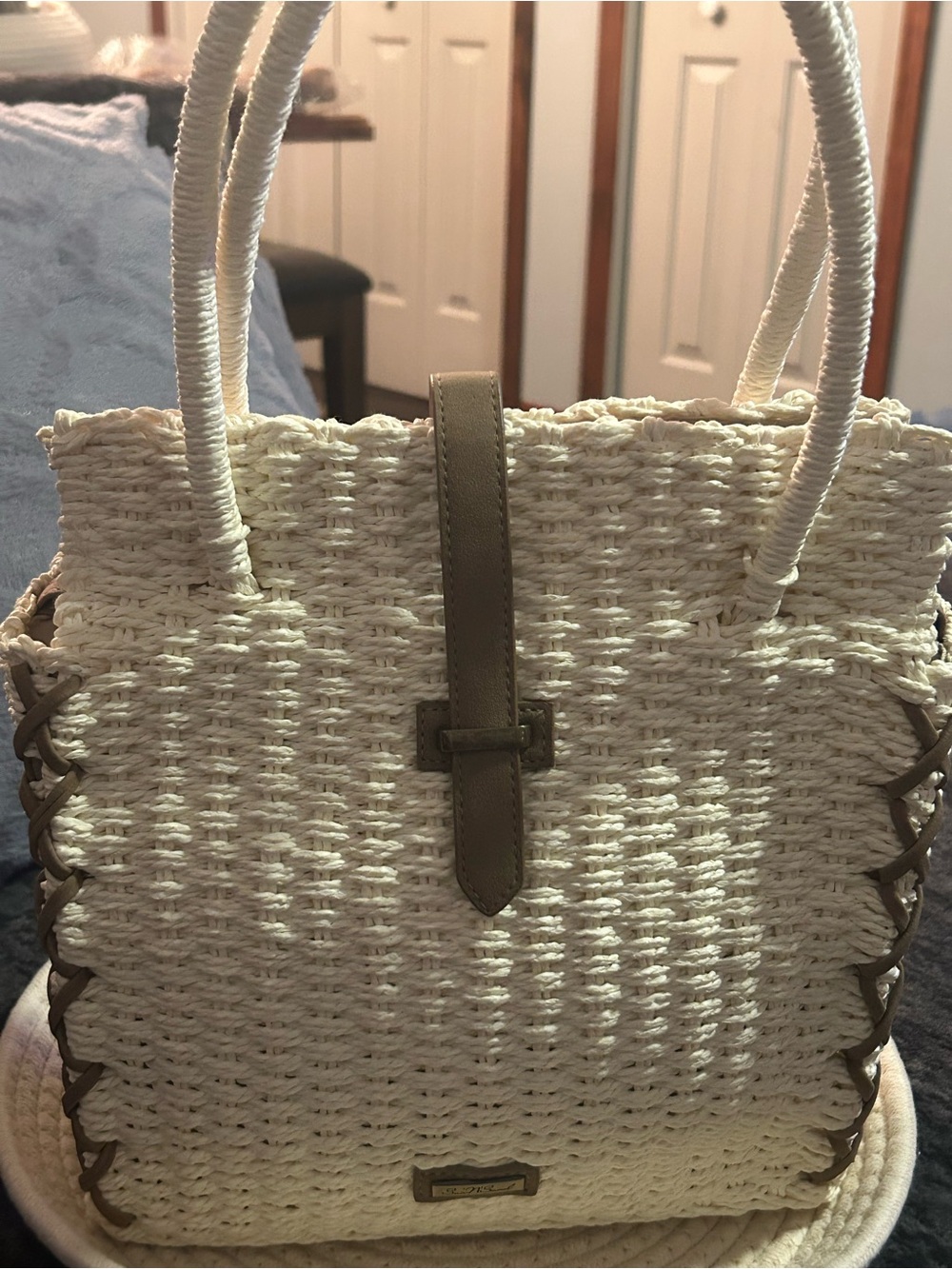 Woven Straw Tote Bag with Taupe Trim - Women's Beach Handbag